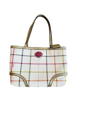 #80 COACH ~ White and Multicolor Plaid Bag Metallic Trim and Handles circa 2012
